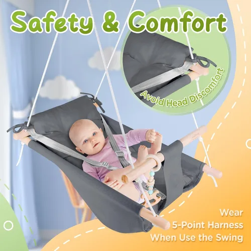 Vista 3 de Columpio para bebé interior y exterior, hamaca de lona para bebé a niño pequeño con asiento cómodo, juguete de madera Macaroon, arnés ajustable de 5