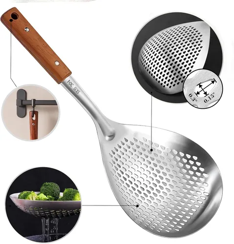 Vista 3 de Colador de araña de acero inoxidable con mango de madera para freír pasta, utensilios de cocina Small fine wire mesh strainer spoon, multipurpose