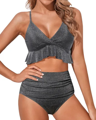 Vista 10 de Tempt Me - Traje de baño de dos piezas para mujer, bikini de cintura alta con volantes y control de abdomen Rojo neón