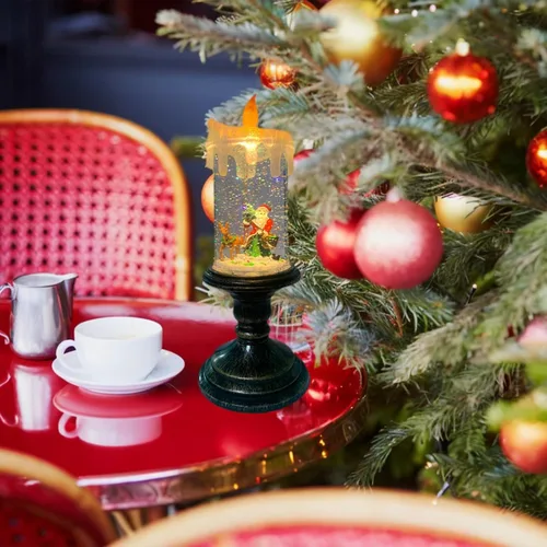 Vista 4 de Velas sin llama parpadeantes de Navidad, diseño de globo de nieve, luz de vela, agua arremolinada con purpurina, velas giratorias con temporizador