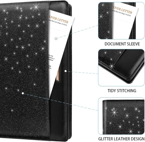Vista 3 de Carpeta portadocumentos con purpurina/Carpeta portafolio para mujeres y hombres, WAVEYU, elegante y bonita carpeta con cubierta de portafolio