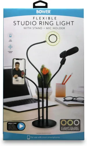 Vista 4 de Bower Kit de luz de anillo flexible de 24 pulgadas con soporte para teléfono, soporte para micrófono, control remoto en línea, alimentado por USB, 3