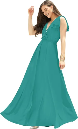 Vista 15 de KOH KOH Vestido largo maxi para mujer 2025 con cuello en V, sin mangas, con volantes, para dama de honor, baile de graduación Negro