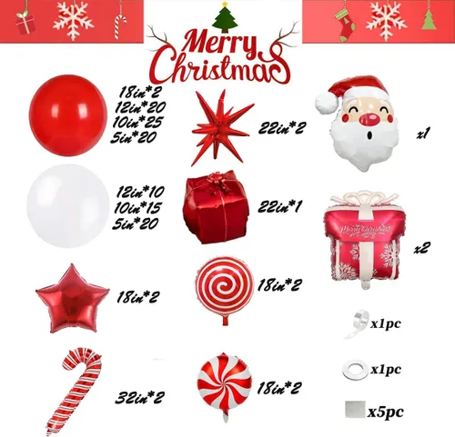 Vista 3 de Kit de guirnalda de globos de Navidad en forma de arco con globos rojos y blancos, caramelo, bastón, estrella, estrella de explosión, caja