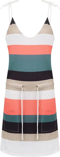 Vista 4 de Michellecmm Vestido casual de verano para mujer a rayas cuello en V tirantes delgados vestido corto con cinturón elástico y bolsillos A-caqui Blanco