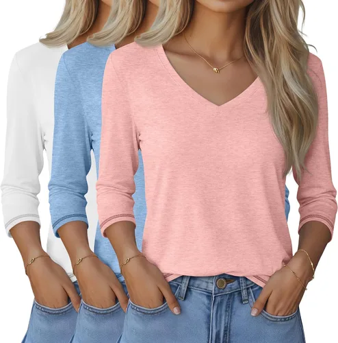 Vista 33 de Ficerd Paquete de 3 camisetas de manga 3/4 para mujer, cuello en V, blusas holgadas, blusas casuales, ropa de moda 2026