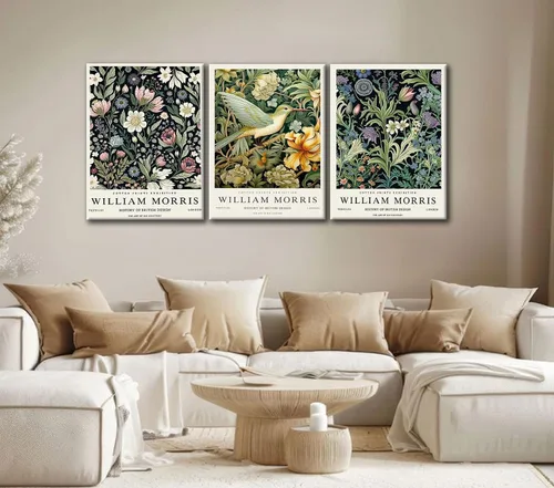 Vista 2 de 3 piezas de lienzo estilo William Morris, arte de pared vintage botánico floral y pájaro, impresiones en lienzo estirado envuelto en galería