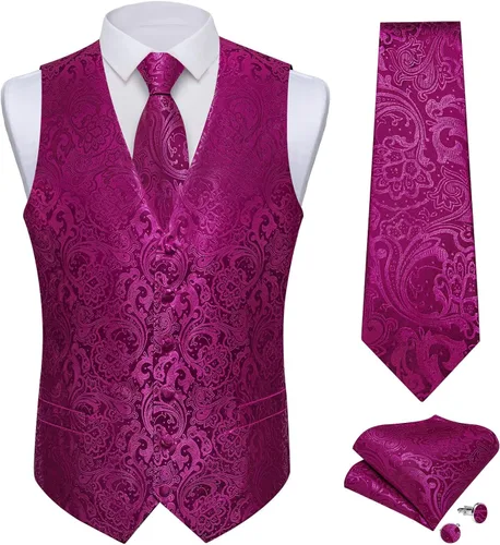 Vista 23 de DiBanGu Conjunto de 5 chalecos de seda con corbata y corbatín para hombre Paisley oro negro
