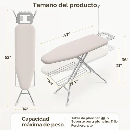 Vista 3 de Yaheetech - Tabla de planchar con soporte para plancha, soporte para cables y perchero, 43 x 14 pulgadas