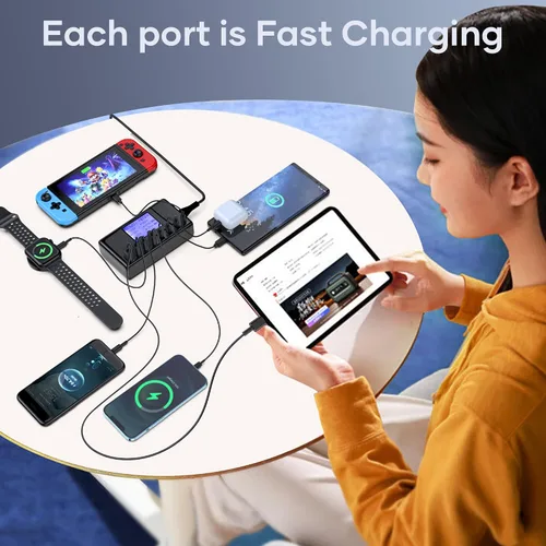 Vista 7 de Estación de carga de 152 W, concentrador de cargador USB-C y USB-A de 8 puertos, 20 W 4 x USB-C y 18 W 4 x USB-A, compatible con iPhone 15/14/13