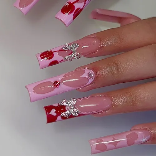 Vista 20 de MISUD - Uñas postizas largas cuadradas con pegamento de Rojo Gótico y Negro, diseño cruzado gótico Y2K acrílico, 24 piezas 020A00Rojo y Negro