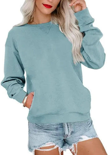 Vista 15 de Orchidays Sudaderas de cuello redondo para mujer, casuales, de manga larga, lindas, estilo túnica, sueltas, con botones A-Marrón