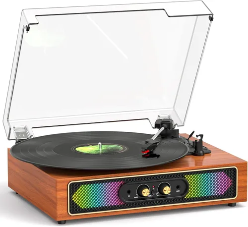 Vista 16 de Tocadiscos retro Bluetooth con altavoces integrados, tocadiscos de 3 velocidades por correa, control de graves y agudos, reproductor de vinilo Negro
