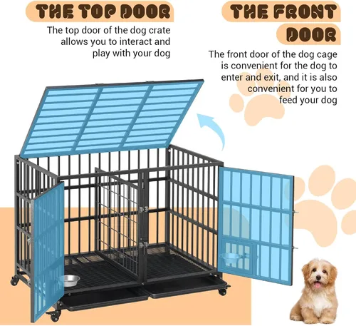 Vista 4 de Jaula para perros con riel deslizante de 42 pulgadas, perrera de metal grande resistente con puertas dobles, divisor flexible, bandeja extraíble