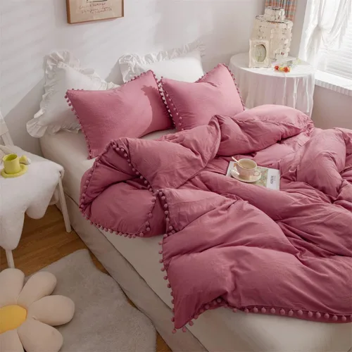Vista 6 de IHOUSTRIY Funda de edredón para niños, tamaño individual, 100% microfibra lavada, juego de funda de edredón de 2 piezas para niña, con pompones
