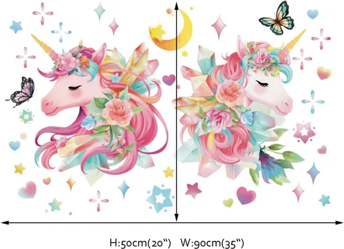 Vista 4 de Runtoo Calcomanías de pared de unicornio rosa arcoíris para niñas, dormitorio, bebé, guardería, habitación de niños, decoración de fiesta de 2