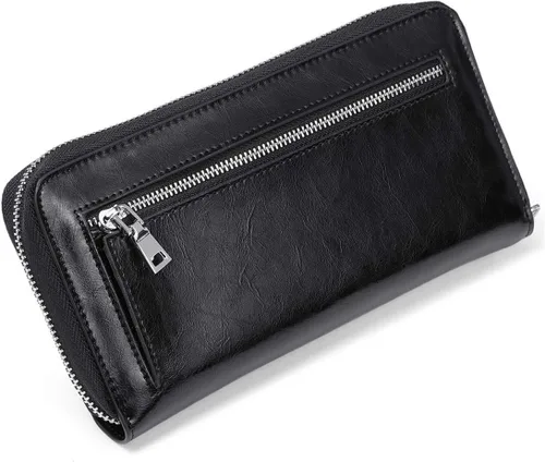 Vista 4 de [Usado] Carteras para mujer con bloqueo RFID de cuero con cremallera alrededor de la cartera de viaje Negro