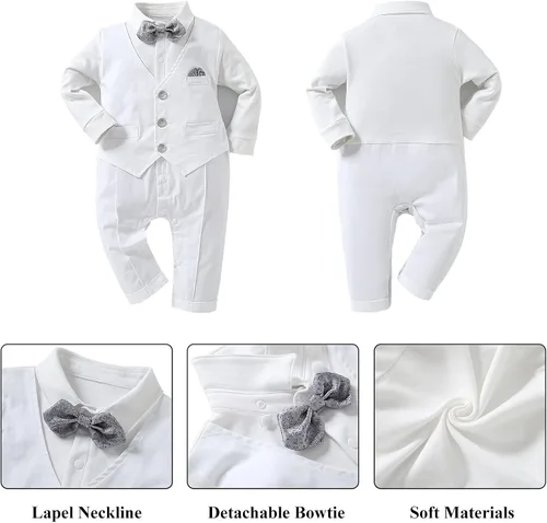 Vista 4 de HOSUKKO - Traje de bebé para caballero, mamelucos + boina + corbatín (0-24 meses)