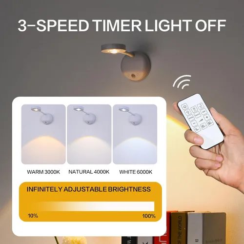 Vista 3 de XPESUVC Lámpara de pared con sensor de movimiento, foco LED recargable, lámpara de lectura de mesita de noche de rotación flexible con 3 Blanco