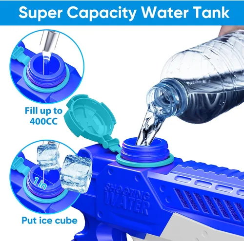 Vista 4 de WOLKEK Pistolas de agua para niños y adultos, paquete de 4 pistolas de chorro de alta capacidad de 400 CC de largo alcance, juguetes de piscina