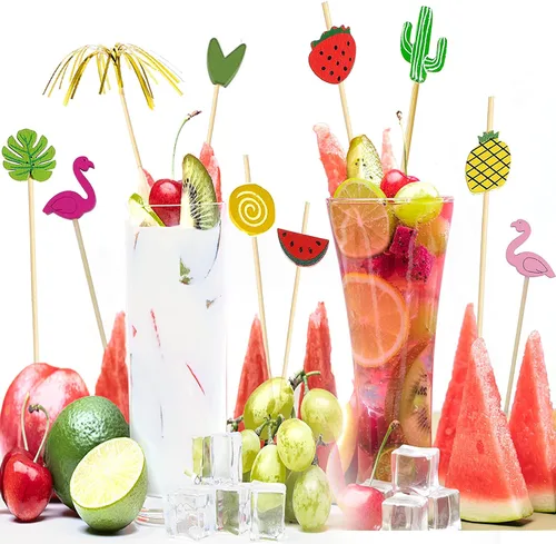 Vista 2 de Palillos de cóctel de comida para aperitivos, 100 piezas de frutas tropicales, palillos de dientes de lujo, decoración de sándwich de frutas