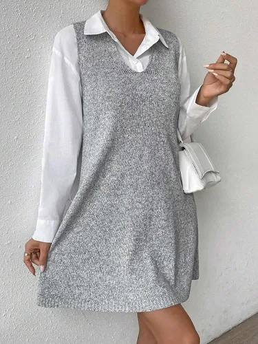 Vista 5 de SHENHE Vestido tipo suéter de punto largo con cuello en V y ajuste holgado para mujer