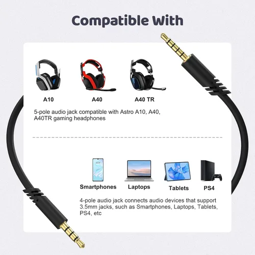 Vista 2 de Cable de audio de repuesto para auriculares A40 compatible con auriculares Astro A40/A40TR/A10, cable auxiliar A40 TR con función de silencio