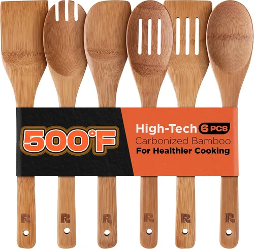 Vista 13 de Riveira Cucharas de madera de bambú para cocinar, 3 piezas, espátula de madera esencial para apartamento, cuchara antiadherente, juego de utensilios