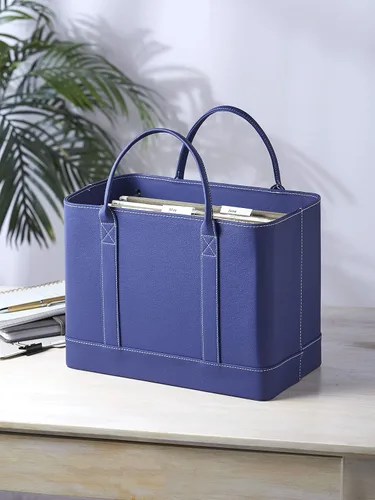 Vista 3 de Chic Faux Leather File Organizer Tote Bag con asas de transporte - Azul marino