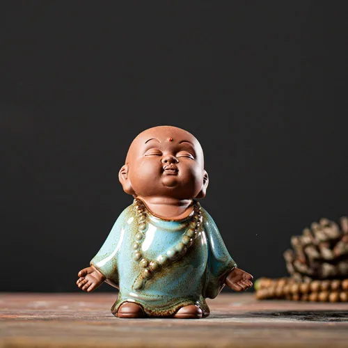 Vista 3 de Estatua de monje de Buda roja, figura de cerámica para bebé, té de monje zen, figura de mascota, estatua de meditación de 3.7 pulgadas para Azul
