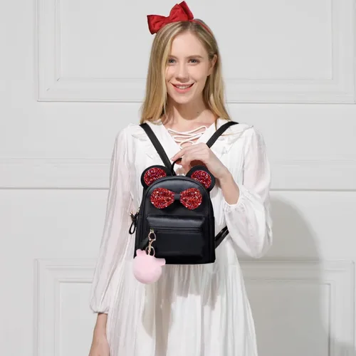Vista 8 de Sunwel Fashion Mini mochila de viaje con orejas de ratón para niñas adolescentes con lazo de lentejuelas y pompones, Arco negrorojo, Mochila