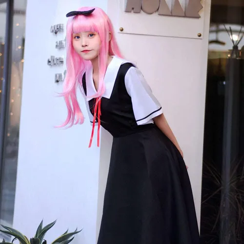 Vista 4 de Kaguya Sama Love is War Shinomiya Chika Disfraz de cosplay negro uniforme con peluca