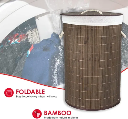 Vista 4 de Home Basics Cesta plegable de bambú para lavandería (redonda, marrón)