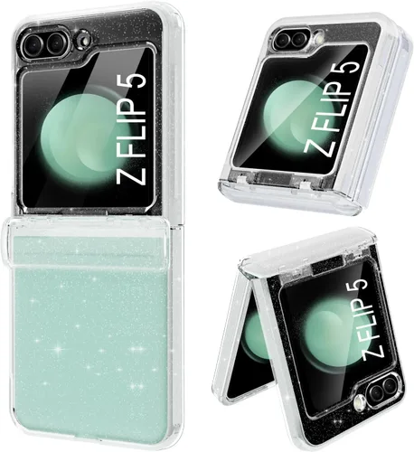 Vista 19 de Btscase Funda para Samsung Galaxy Z Flip 6, protector de pantalla frontal integrado, patrón de mármol dorado con purpurina de policarbonato duro
