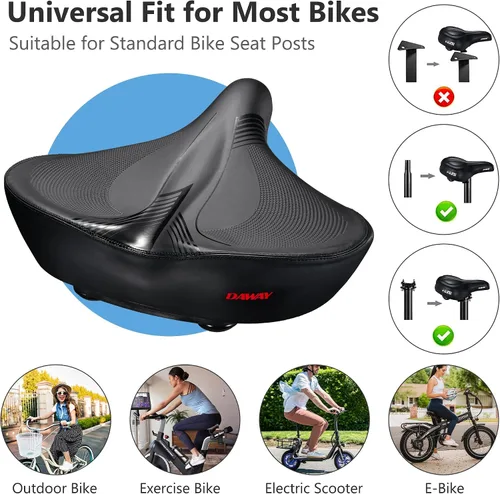 Vista 2 de DAWAY C40 Asiento de bicicleta ultra cómodo de gran tamaño, acolchado de espuma viscoelástica, asiento de bicicleta extra ancho, cojín ergonómico