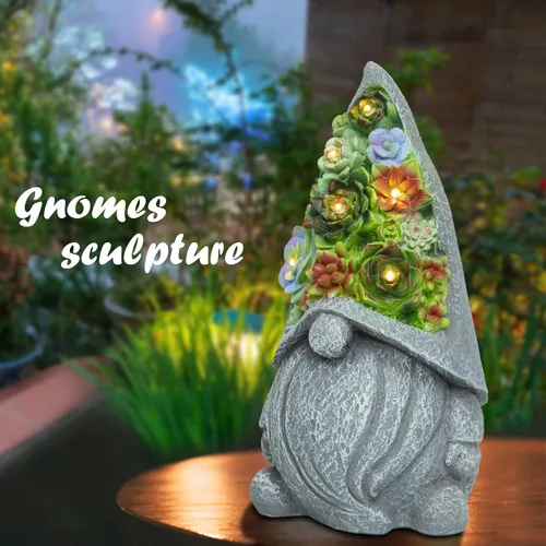 Vista 7 de Estatuas solares de jardín con suculentas y luces LED, estatuas de gnomos de jardín para patio, exterior, patio, balcón, jardinería, inauguración
