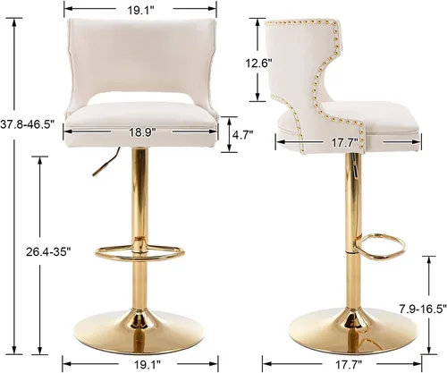 Vista 2 de ROCITY Juego de 2 taburetes de bar color beige con respaldo de piel sintética con base dorada, isla de cocina moderna ajustable para comedor, barra