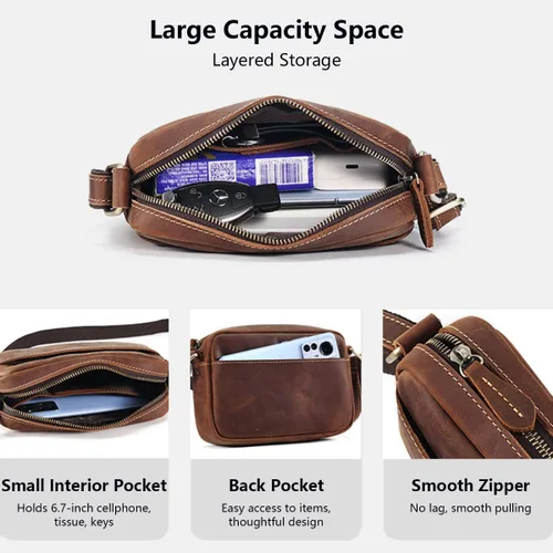 Vista 3 de Bolso cruzado retro para teléfono para hombre, pequeño bolso de hombro de cuero de caballo loco, bolso de mano de alta capacidad para hombre, bolso