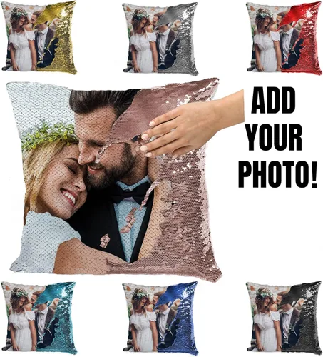 Vista 3 de Fundas de almohada personalizadas con lentejuelas y fotos, funda de sirena personalizada con tu foto, cojín decorativo reversible mágico