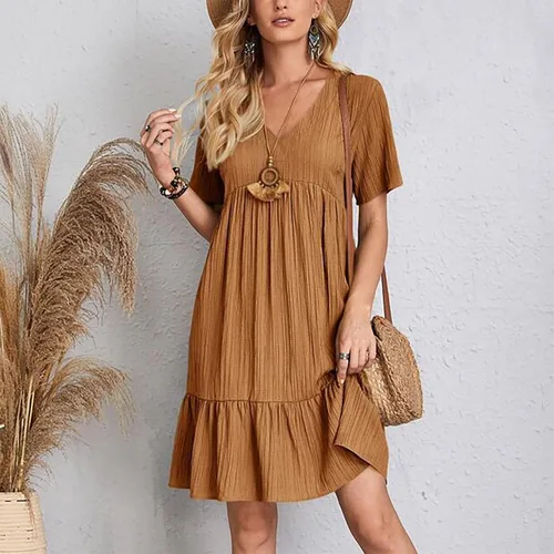 Vista 4 de Vestido sin mangas para mujer, casual, sexy, color liso, cuello en V, suelto, retazos, manga corta, vestido bodycon