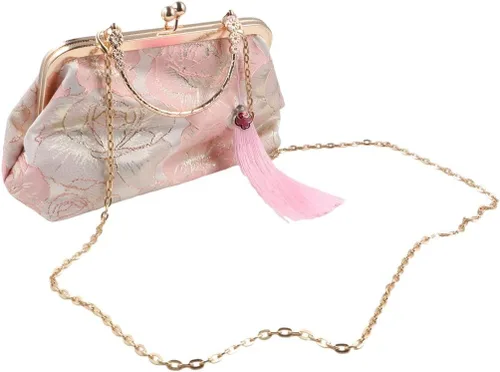 Vista 2 de Bolso vintage para mujer, bolso de noche con asa superior, bolso de banquete bordado, estilo chino, cartera, bolso de mensajero de hombro, Rosado