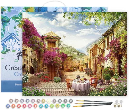 Vista 28 de Figured'Art Pintura por números para adultos Desayuno en un pueblo mediterráneo 16"x20" - Kit de pintura de arte artesanal lienzo enrollado sin marco
