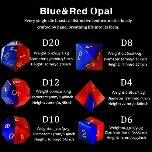 Vista 2 de Juego de dados DND de piedras preciosas de ópalo azul y rojo, 7 piezas de dados D&D utilizados en juegos de rol de Calabozos y Dragones