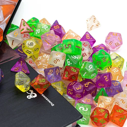Vista 2 de Juego de 10 dados poliédricos DND (70 piezas) con 2 bolsas de cuero, juego de dados D&D para Calabozos y Dragones, juegos de mesa RPG