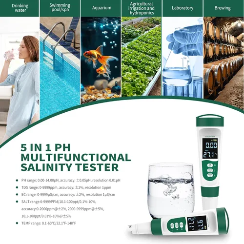 Vista 6 de Medidor de pH digital 5 en 1, con función de voz, PH/TDS/EC/Temp/Salt Pool Salt Tester, medidor de pluma impermeable y recargable para piscinas