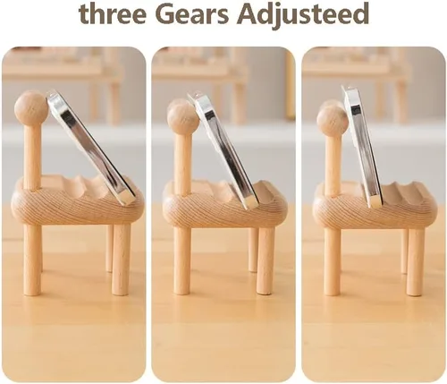Vista 5 de Soporte de madera para teléfono celular con forma de silla pequeña, soporte universal multiángulo para teléfono móvil, base portátil para teléfono