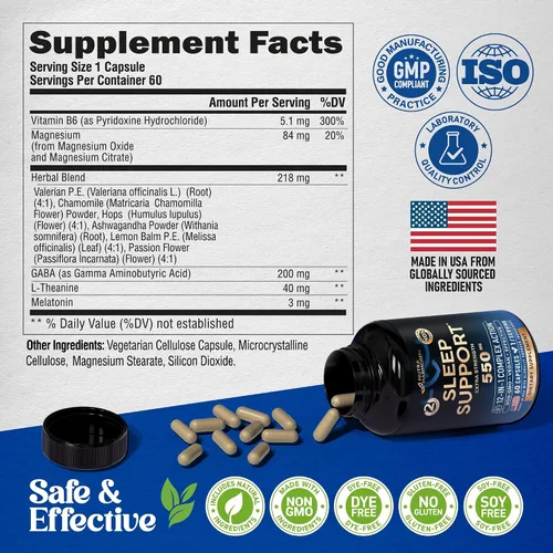 Vista 7 de Pastillas para dormir para adultos de 550 mg - Melatonina 3 mg Raíz de valeriana para dormir L-teanina Magnesio - Suplemento natural