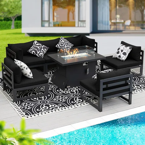 Vista 62 de BULEXYARD - Sofá modular de aluminio para exteriores con mesa para fogata, 7 piezas, color verde azulado