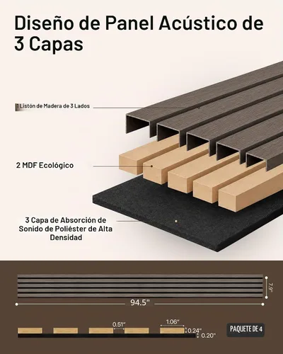 Vista 6 de Paneles de listones de madera acústica insonorizados, paquete de 4 Nogal oscuro