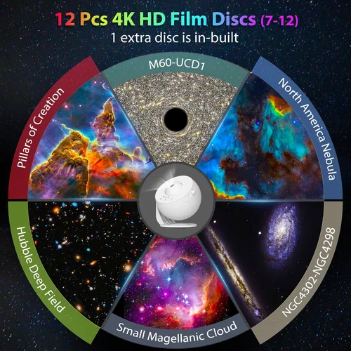 Vista 4 de Proyector de galaxia para dormitorio, proyector de estrellas de imagen HD, luz de galaxia con perilla ajustable, 13 discos de película, planetario